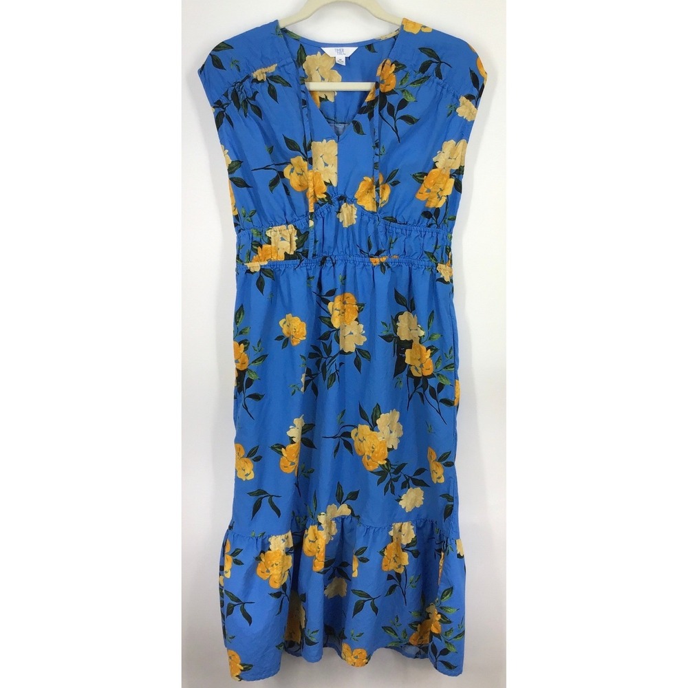 Time and Tru Blue Yellow Floral Sleeveless Dress w/ Pockets Tiered Hem Size M (8 - Picture 6 of 9